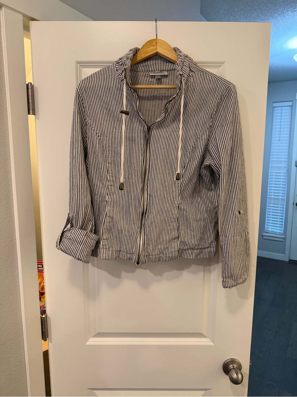 Dress Barn Black & White Striped Hooded Utility Jacket